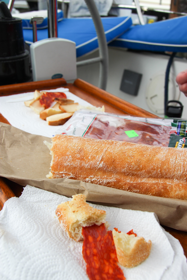 Fresh bread, salami and smoked mozzarella from the Granville Island market.