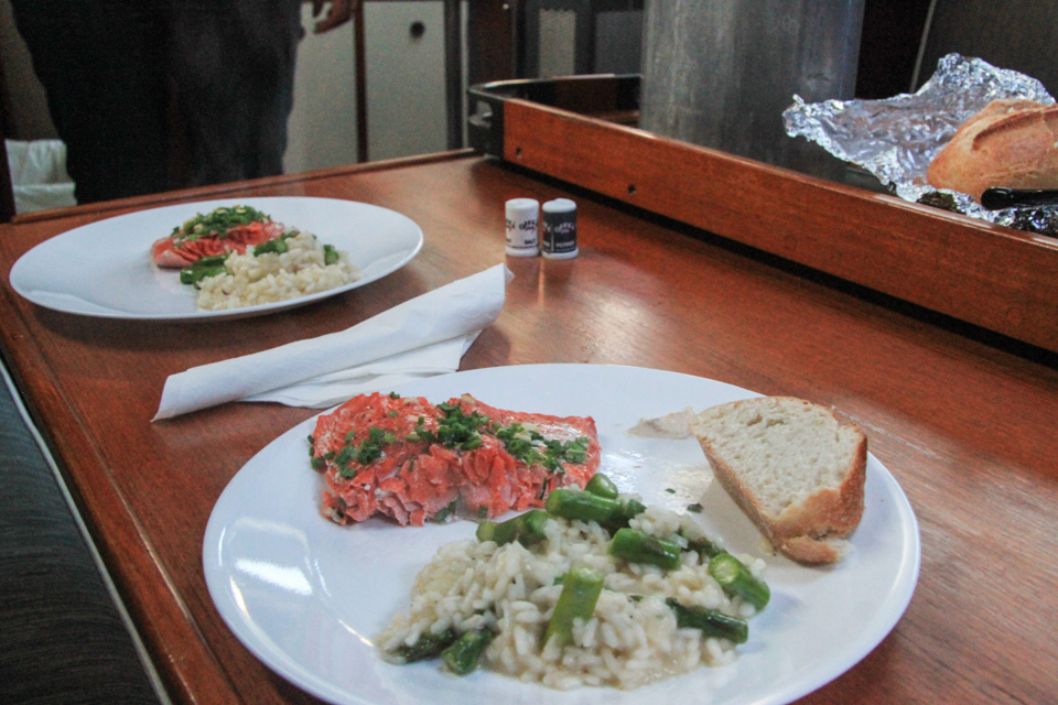 Yummy dinner of baked salmon and asparagus risotto.