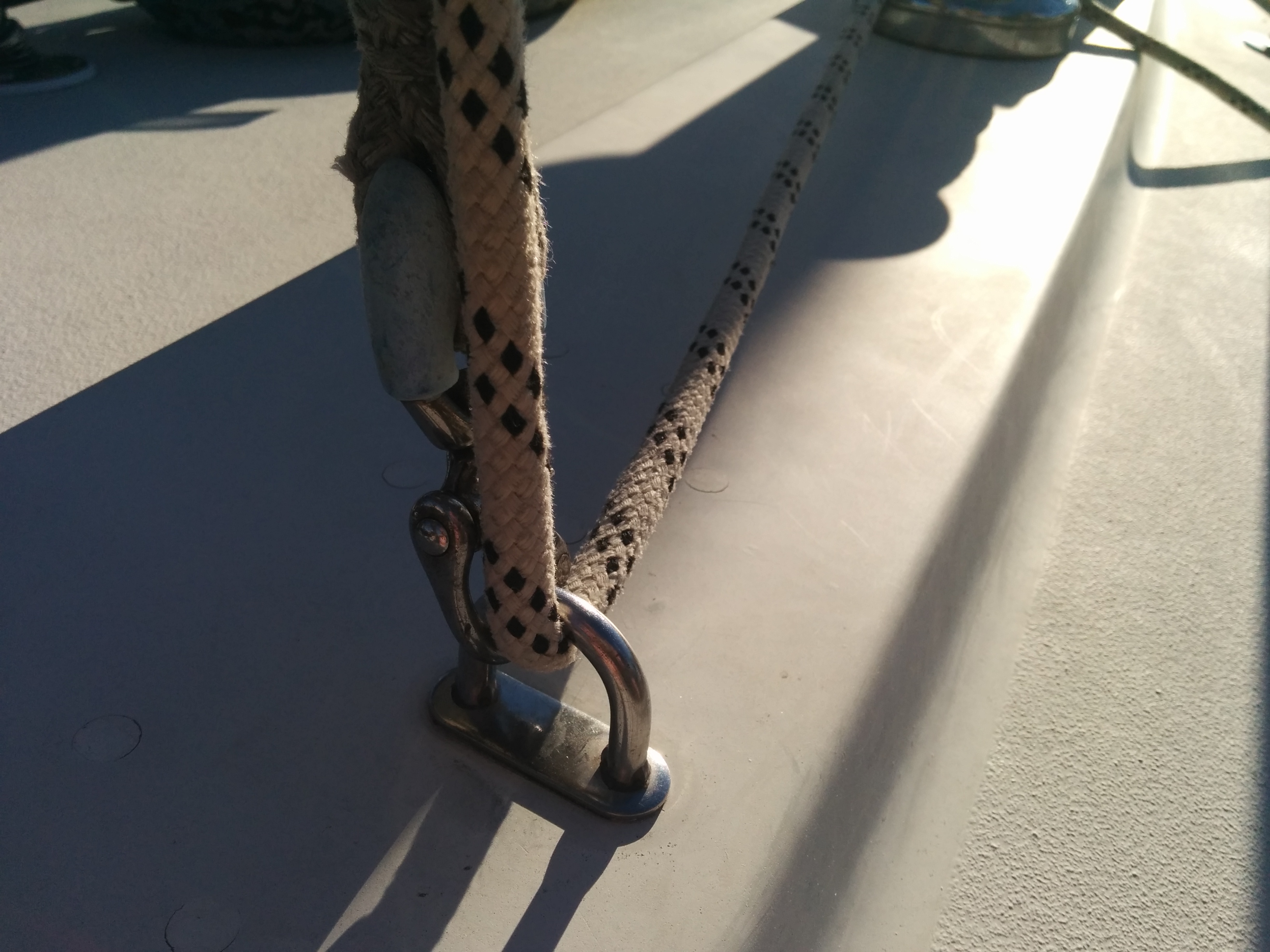 Halyard anchored through U bolt and run to cleat. Backup halyard connected with a snap shackle (not load bearing - if it came undone it wouldn't really matter, because the top is anchored and the Prusik will work reasonably well with a slack line).