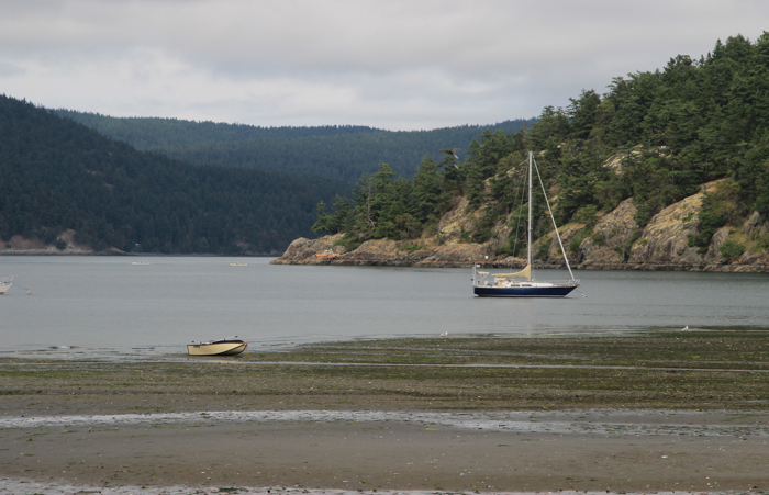 Both our sailboat and PortaBote dinghy visible in one shot! Low tide at Spencer Spit.