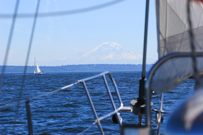 Our last day - with a failing transmission but a 12 knot wind at our backs, I pointed the bow pointed at Mount Rainier and we sailed home.