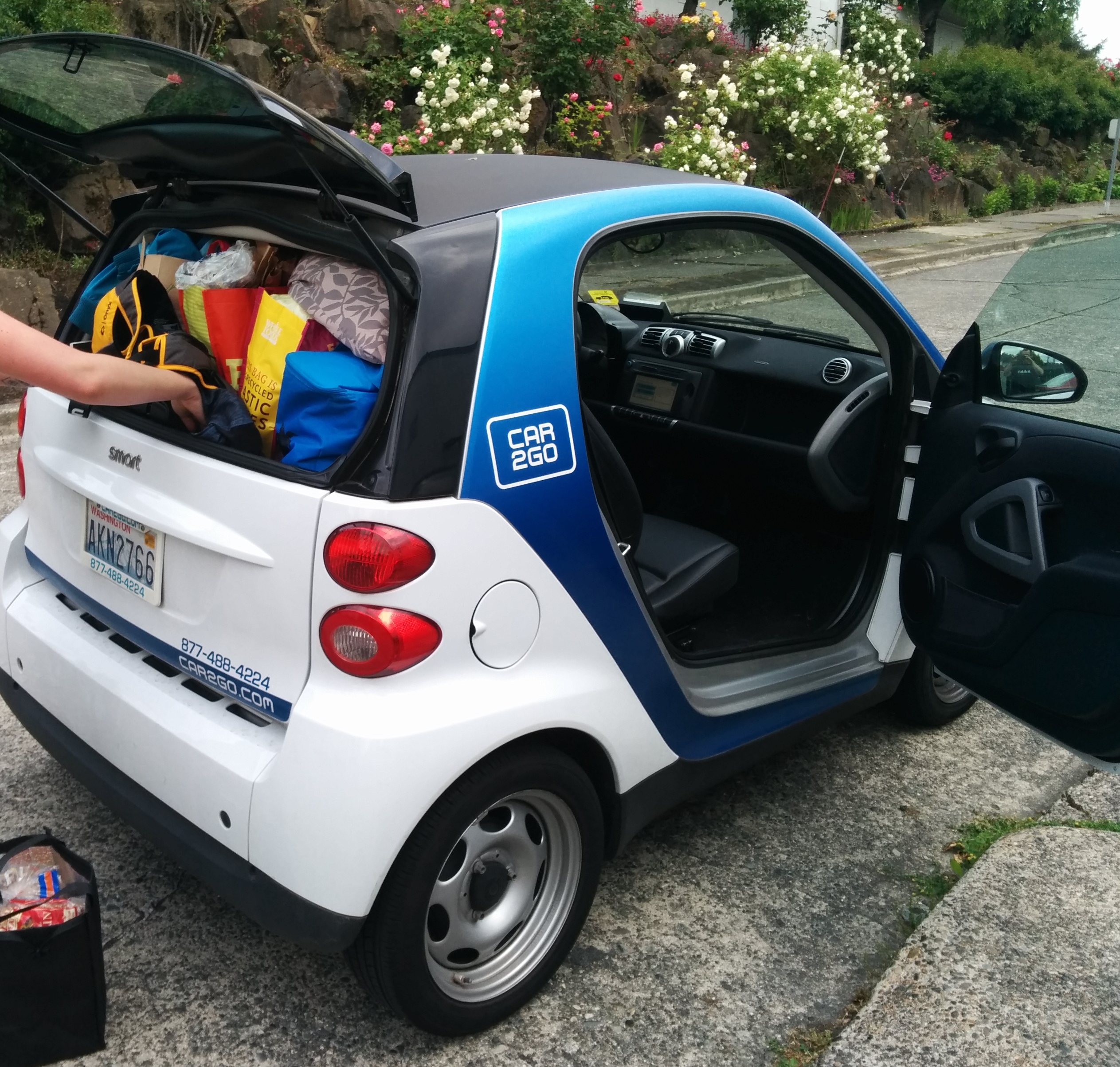 We can fit a lot of stuff in a tiny Car2Go when we're packing for a trip