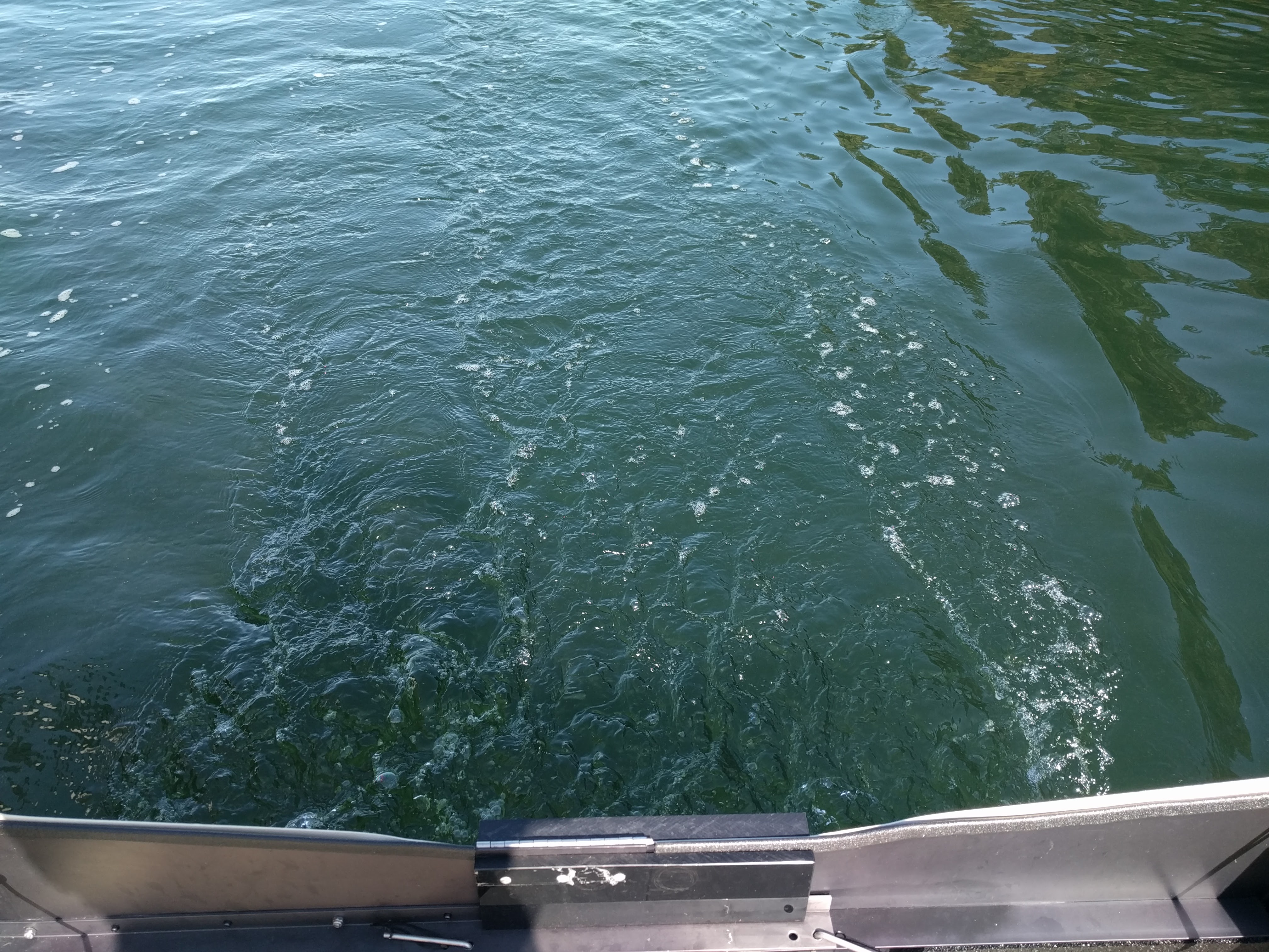 Turbulence flowing off the back of our stationary dinghy