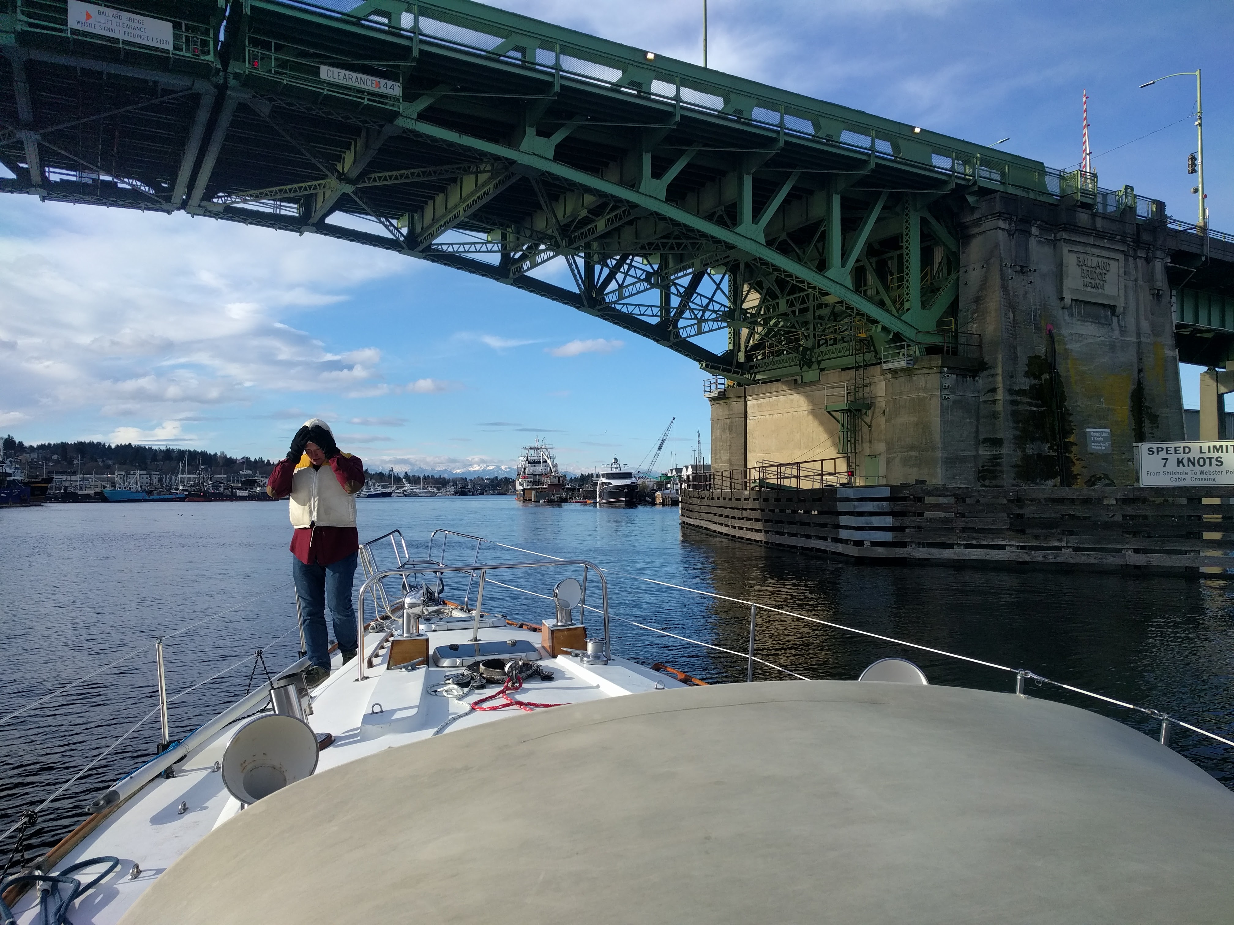 Passing under the Ballard Bridge with no mast